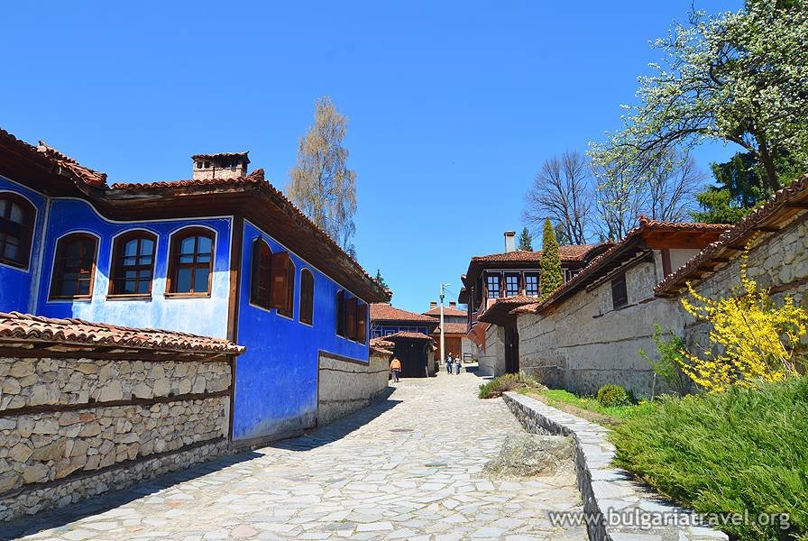 A picturesque cobblestone street lined with charming blue and white buildings.