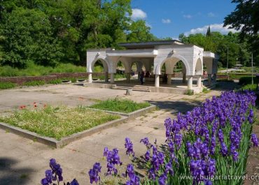 A gazebo surrounded by purple flowers in a park.