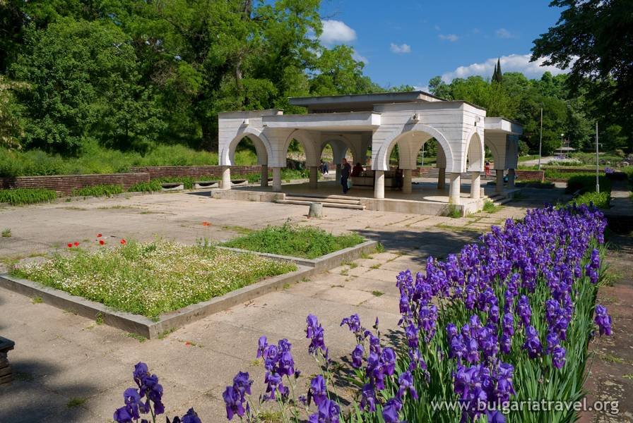 A gazebo surrounded by purple flowers in a park.