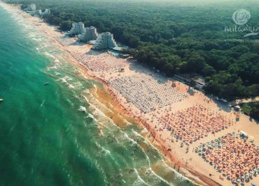 A crowded beach with people enjoying the sun and sea from above
