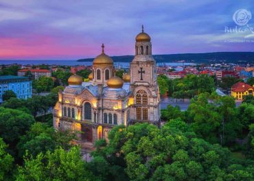 Bulgaria's city cathedral at sunset, showcasing its stunning architectural beauty.